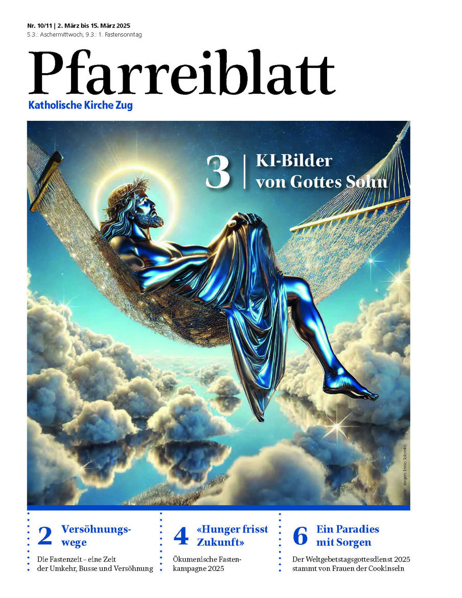 Titelseite des Pfarreiblattes mit Ausgabeangabe, Titelthemen und einem Bild.
