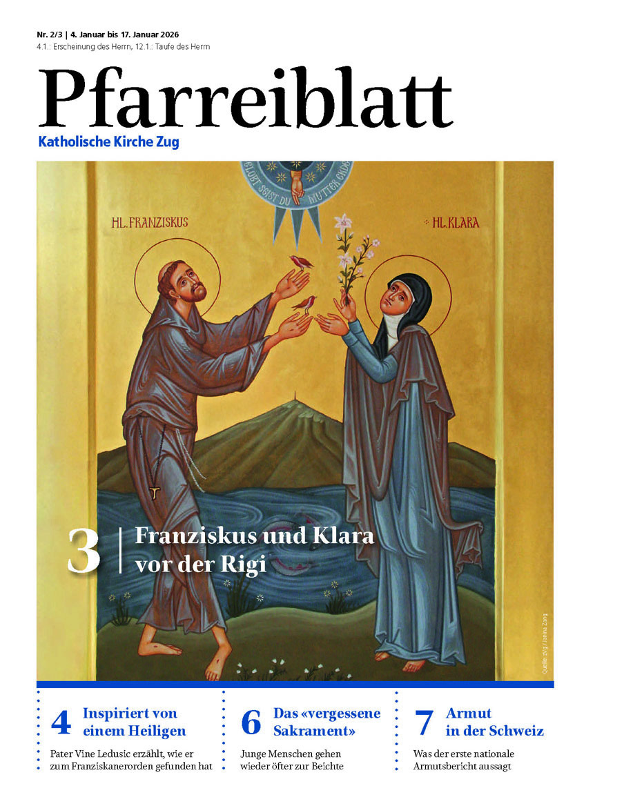 Titelseite des Pfarreiblattes mit Ausgabeangabe, Titelthemen und einem Bild.