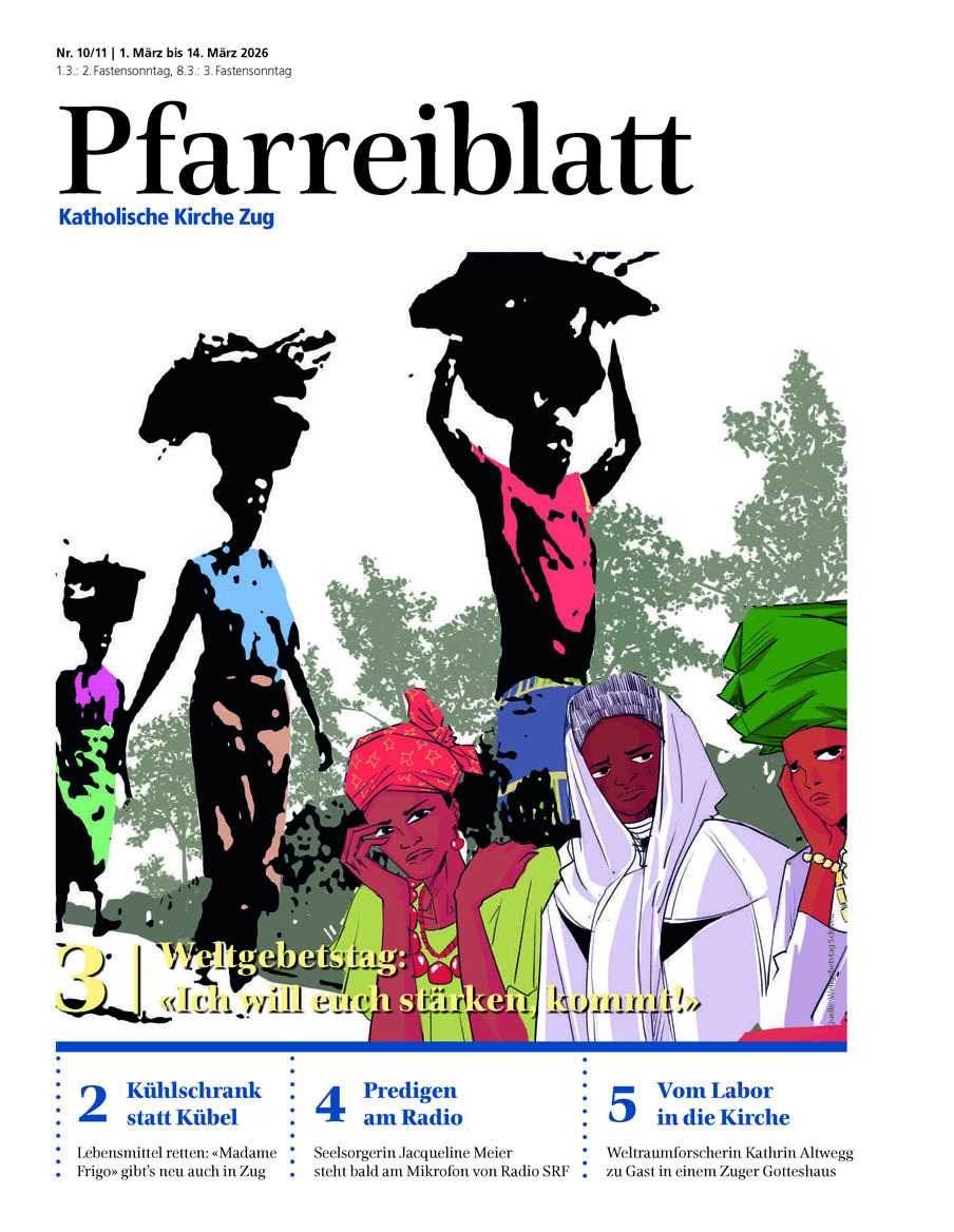 Titelseite des Pfarreiblattes mit Ausgabeangabe, Titelthemen und einem Bild.