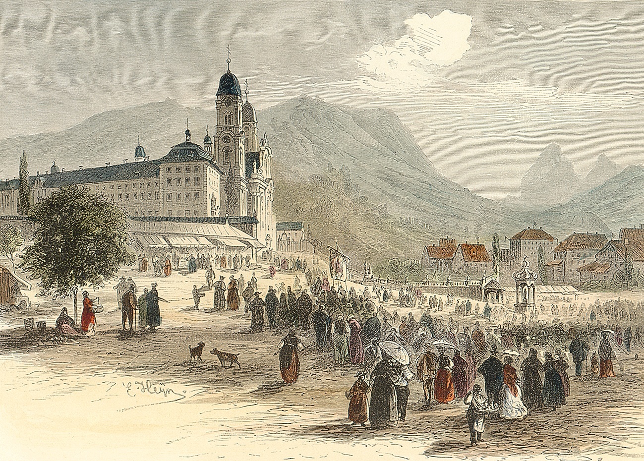Das Pilgervolk strömt zur Klosterkirche Einsiedeln und zu den Souvenirläden, Illustration, 1880. Foto: Museum Fram Einsiedeln